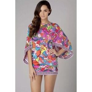 Trina Turk Womens Psychedelic Floral Open Back Mini Dress Tunic XS Festival Boho
